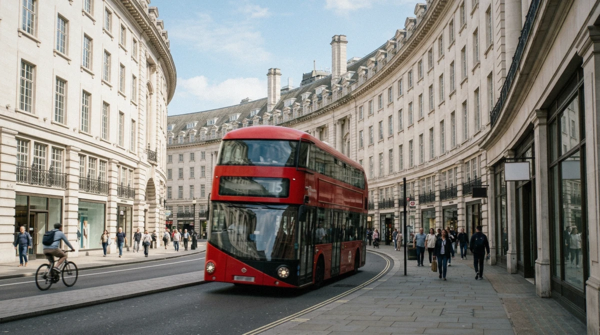 A red double-decker bus rounding Regent Street, part of the bus loop on a london 2 day itinerary